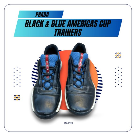 Prada Black & Blue Americas Cup Trainers Sneakers Size 8 - Picture 1 of 11